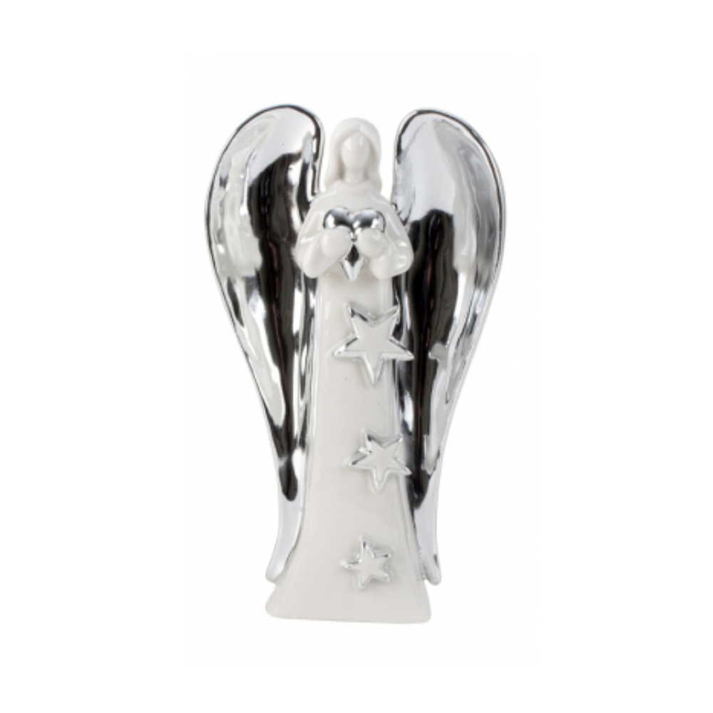 Anděl z porcelánu se srdcem se stříbrnými křídly 22 x 12,5 cm 